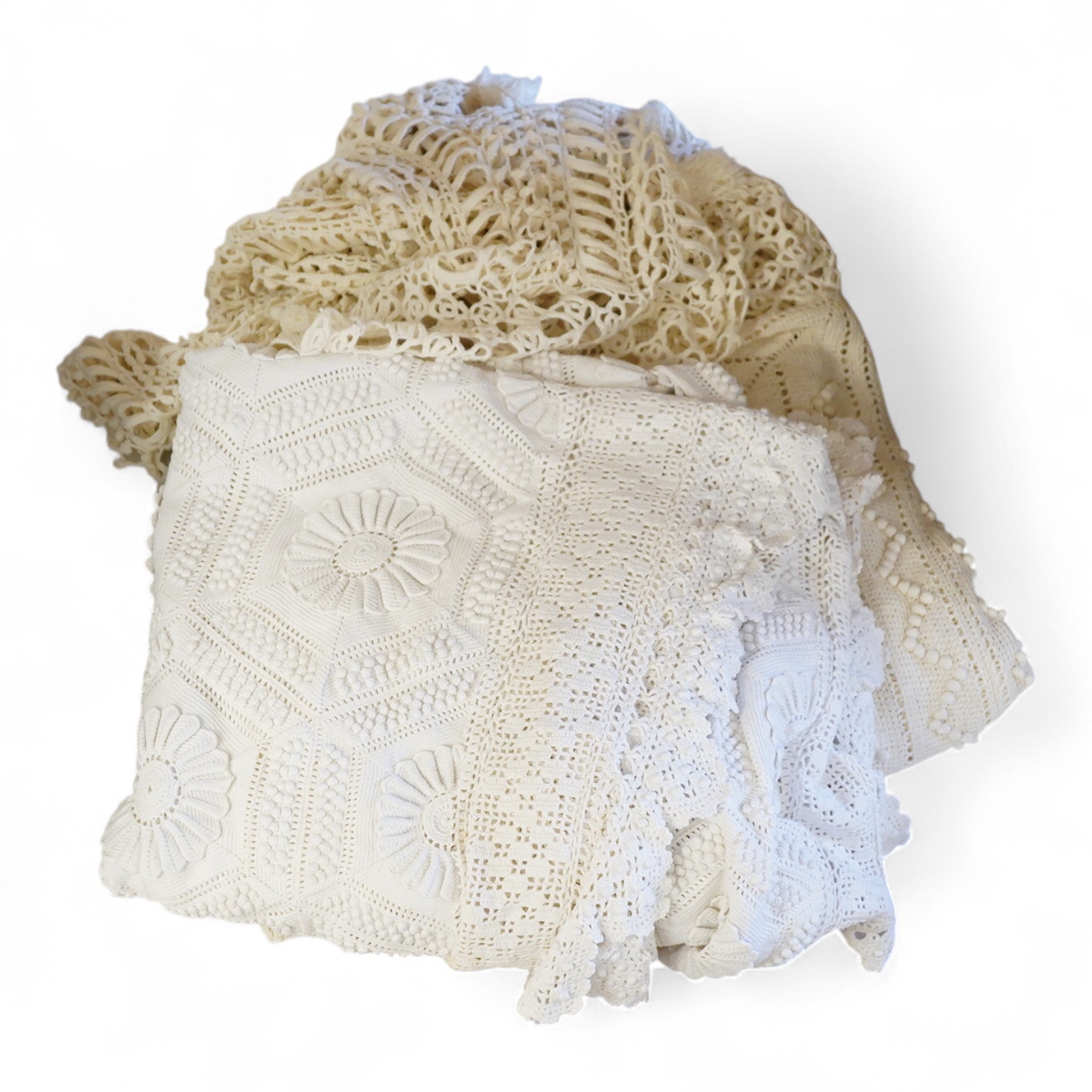 Two ornate French hand crochet bed covers